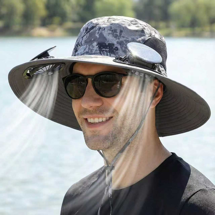 Solar Fan Hat with Dual Cooling Fans USB Rechargeable Wide Brim Sun Hat for Fishing Hiking Outdoor Labor