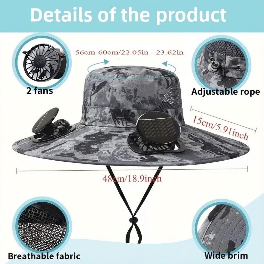 Solar Fan Hat with Dual Cooling Fans USB Rechargeable Wide Brim Sun Hat for Fishing Hiking Outdoor Labor