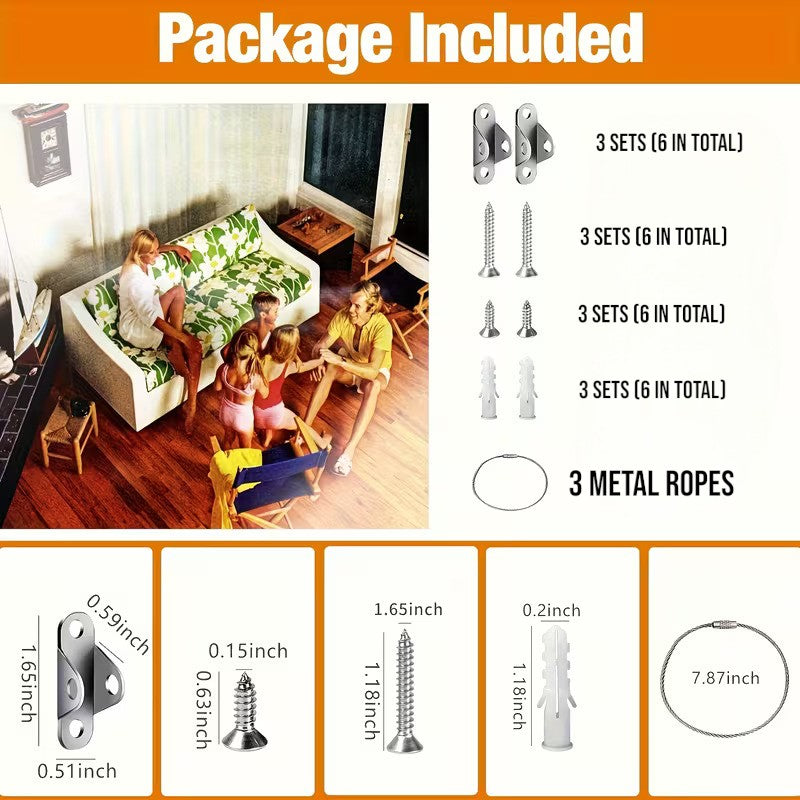 3 Pack Metal Furniture Anchors Anti-Tip Kit Heavy Duty Steel Wire Straps