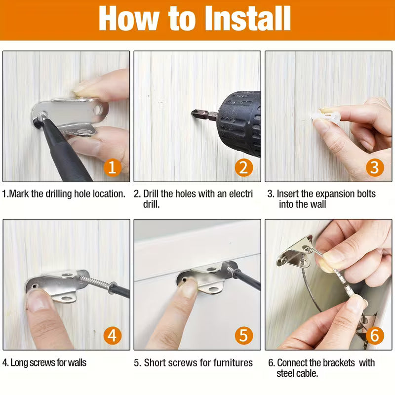 3 Pack Metal Furniture Anchors Anti-Tip Kit Heavy Duty Steel Wire Straps