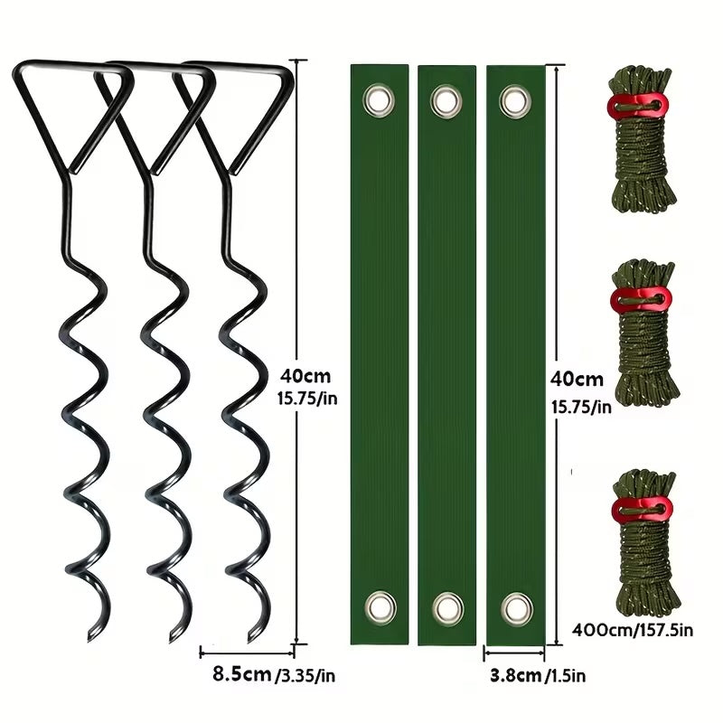 9Pcs Metal Spiral Ground Anchor Kit 40cm Tree Stakes with Reflective Tie Down Ropes