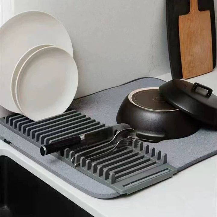 Microfiber Dish Drying Mat with Removable Dish Rack Set Kitchen Countertop Organizer