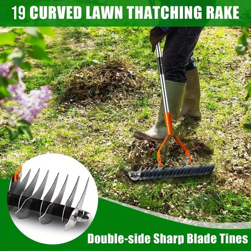 Adjustable Garden Rake 19 Tine Metal Thatching Rake with 4 Section Stainless Steel Pole