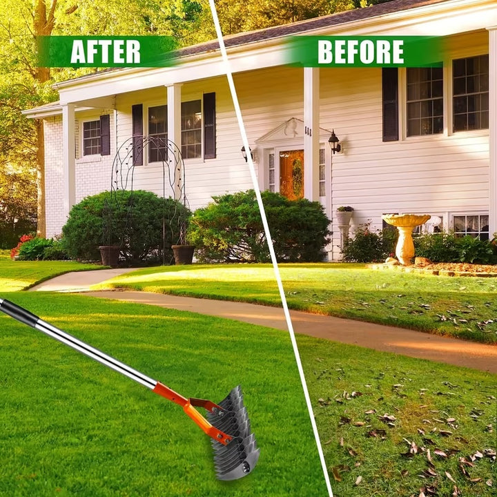 Adjustable Garden Rake 19 Tine Metal Thatching Rake with 4 Section Stainless Steel Pole