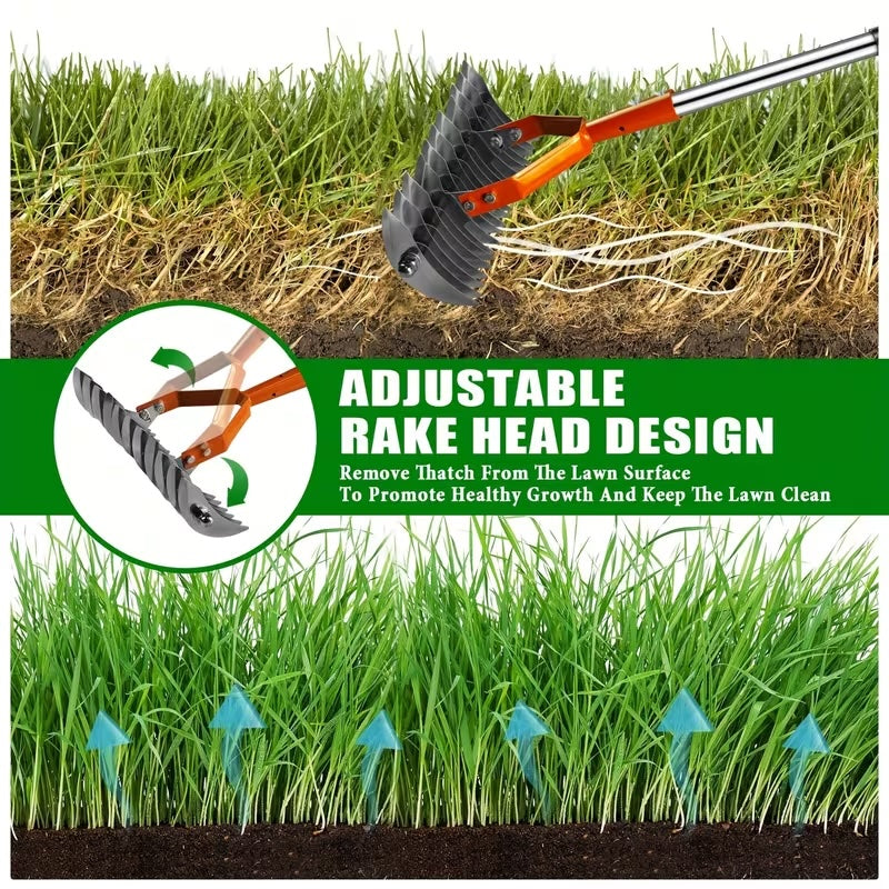 Adjustable Garden Rake 19 Tine Metal Thatching Rake with 4 Section Stainless Steel Pole