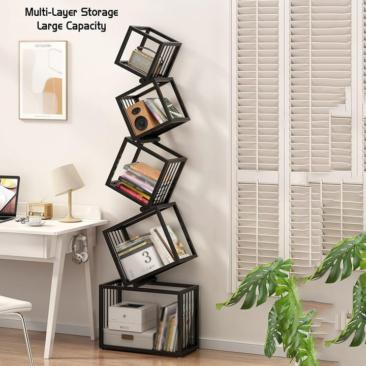 Geometric Stacking Bookshelf 183cm Tall Modern Carbon Steel Storage Rack 5-Tier Cube Display Shelf