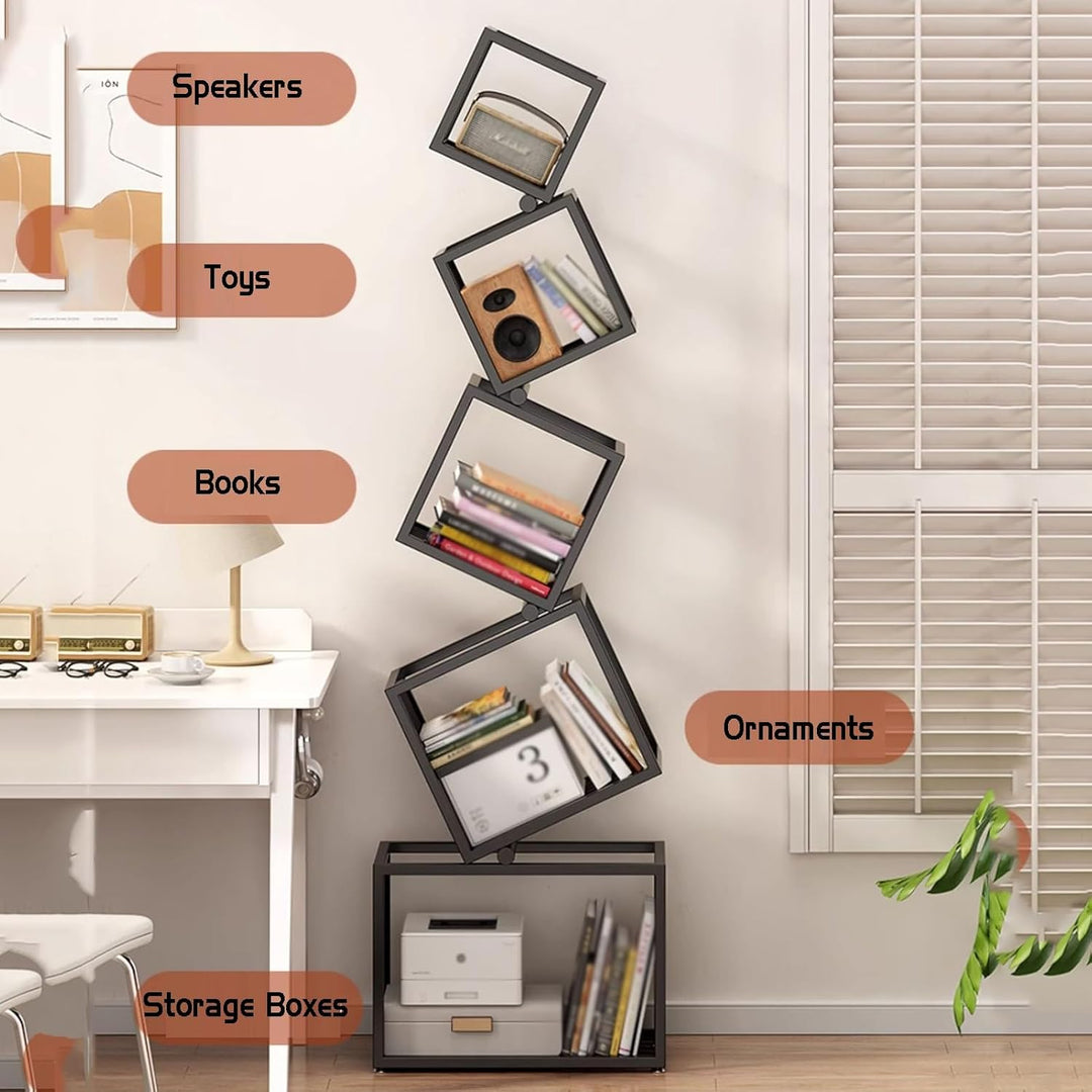 Geometric Stacking Bookshelf 183cm Tall Modern Carbon Steel Storage Rack 5-Tier Cube Display Shelf