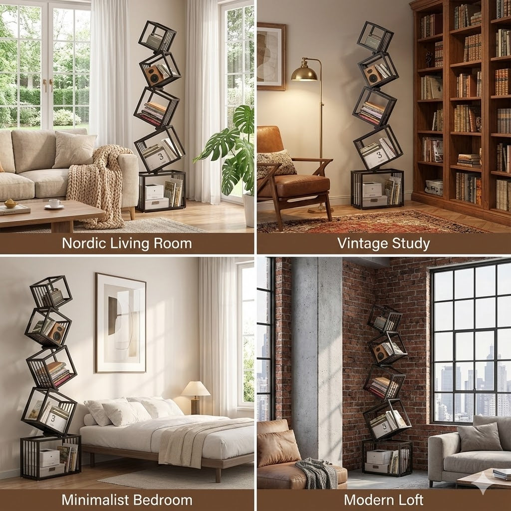 Geometric Stacking Bookshelf 183cm Tall Modern Carbon Steel Storage Rack 5-Tier Cube Display Shelf