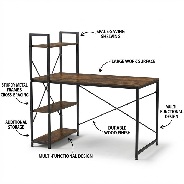 Industrial Computer Desk with Storage Shelves