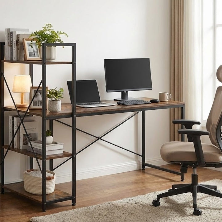 Industrial Computer Desk with Storage Shelves