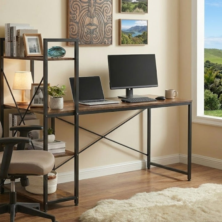Industrial Computer Desk with Storage Shelves