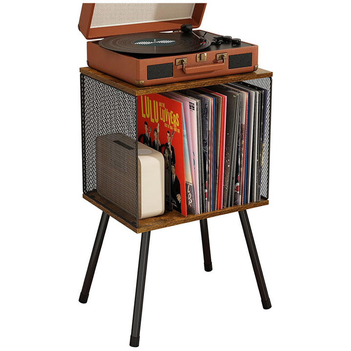 Retro Mesh Record Stand with 4 Reinforced Metal Legs Small Cabinet for Vinyls