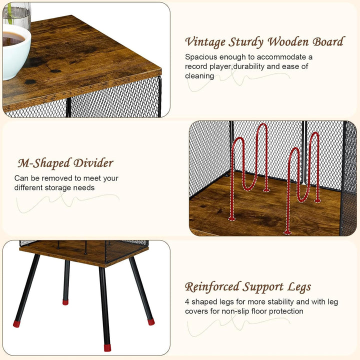 Retro Mesh Record Stand with 4 Reinforced Metal Legs Small Cabinet for Vinyls