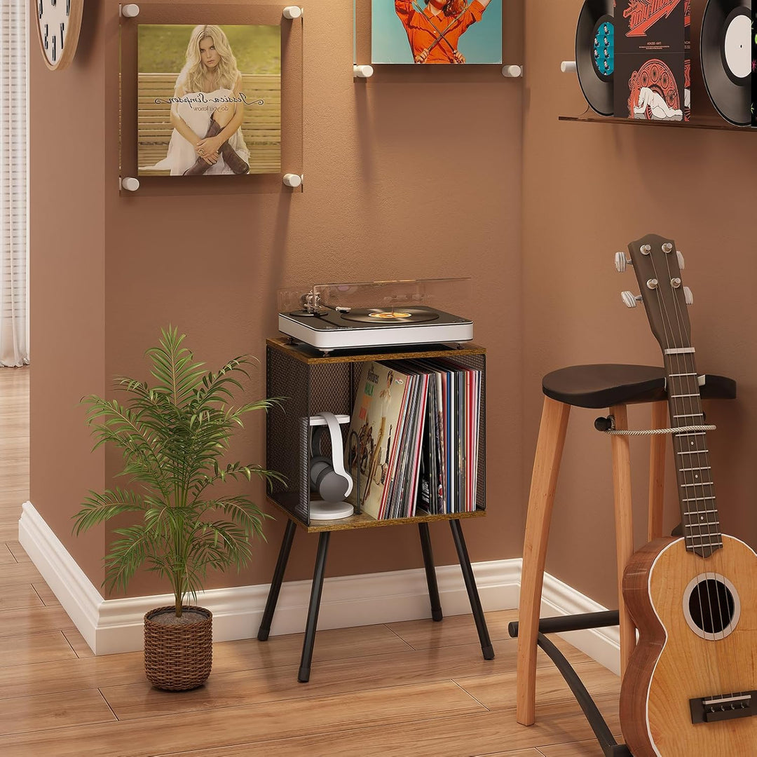 Retro Mesh Record Stand with 4 Reinforced Metal Legs Small Cabinet for Vinyls