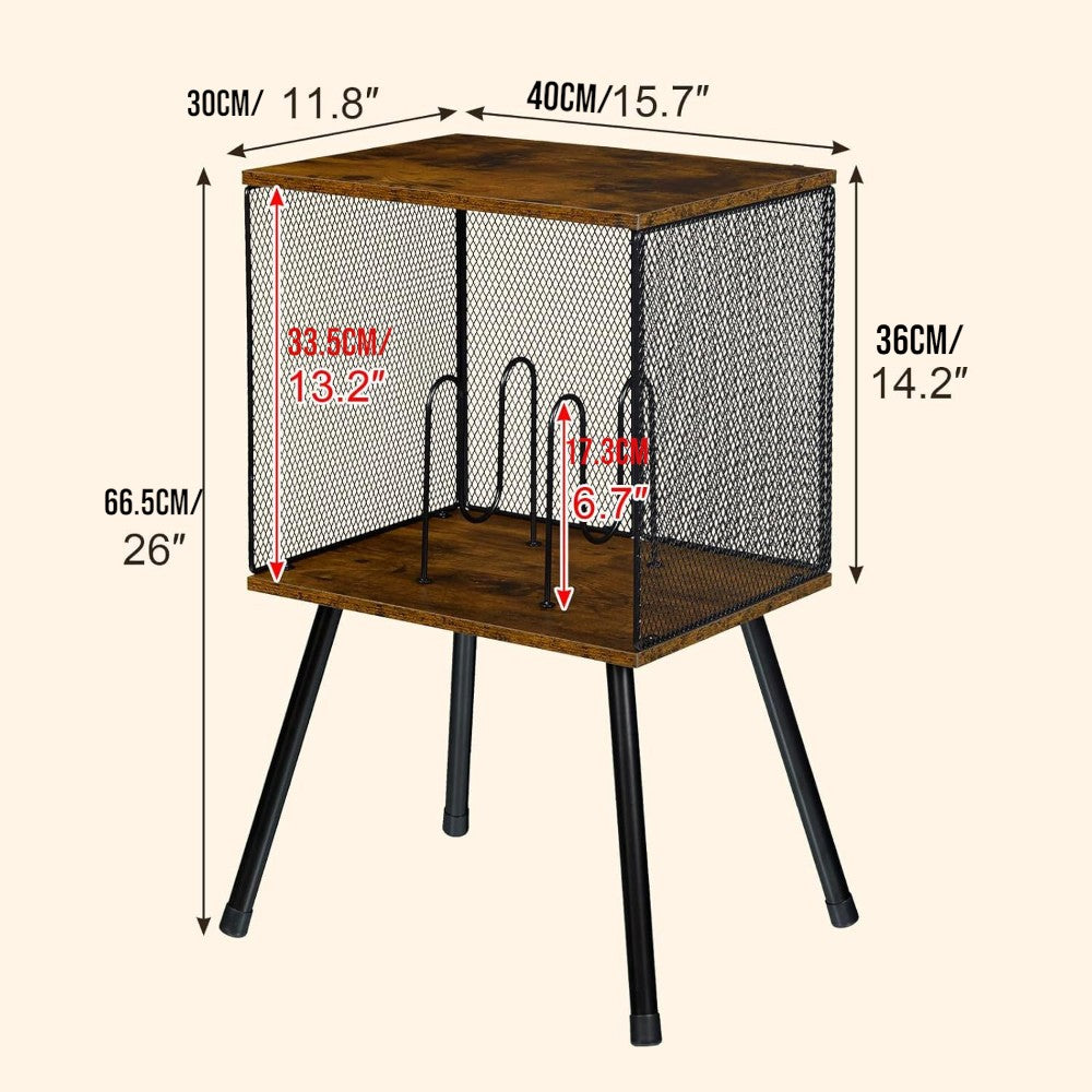 Retro Mesh Record Stand with 4 Reinforced Metal Legs Small Cabinet for Vinyls