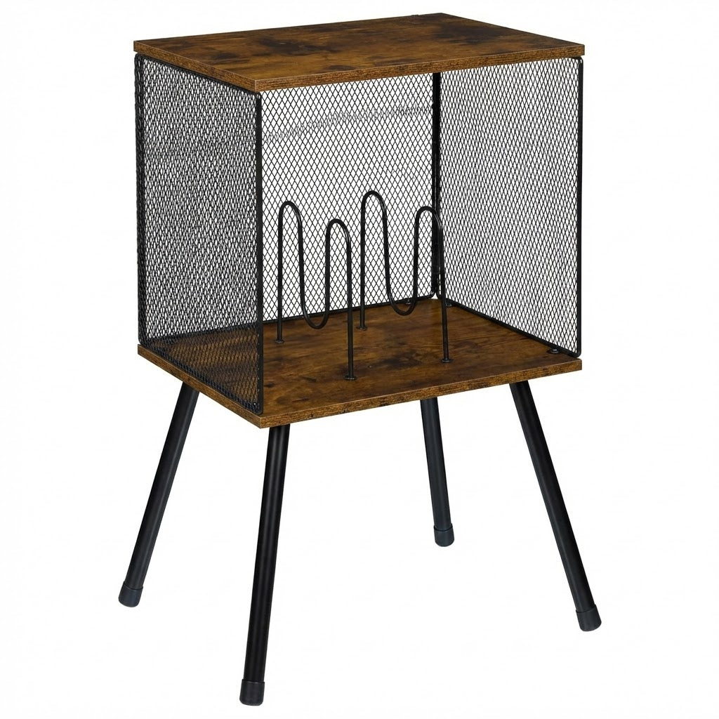 Retro Mesh Record Stand with 4 Reinforced Metal Legs Small Cabinet for Vinyls