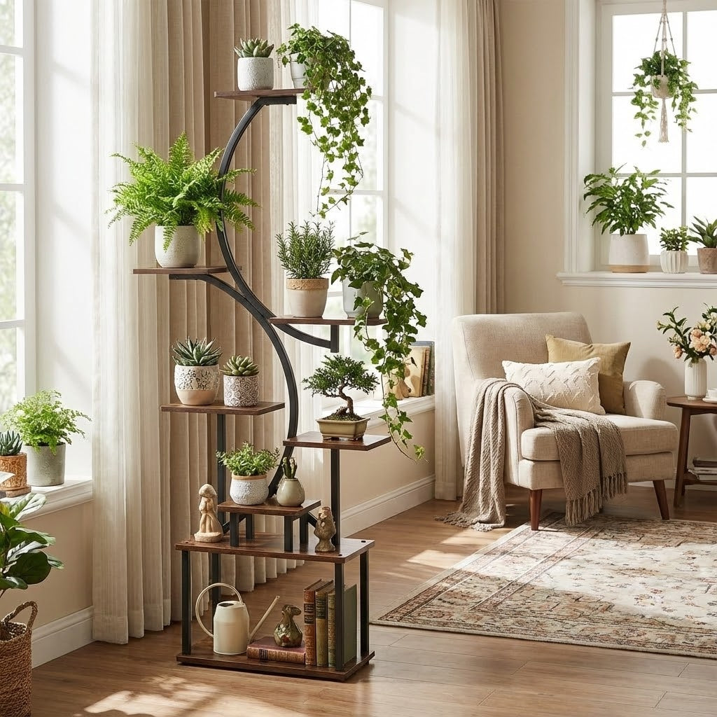 5 Tier Curved Flower Stand Metal Wood Tiered Plant Shelf