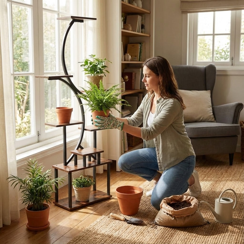 5 Tier Curved Flower Stand Metal Wood Tiered Plant Shelf