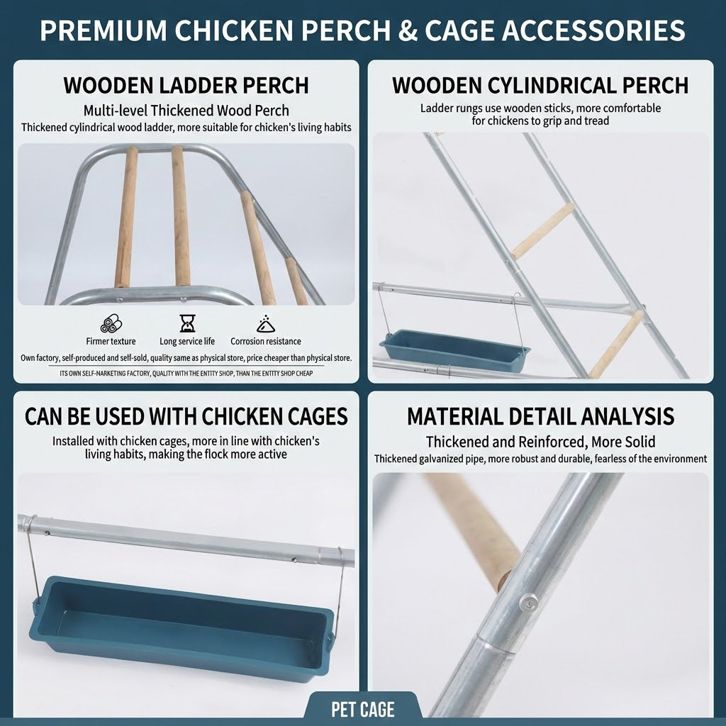 Ladder Chicken Perch with Feeding Troughs Multi Level Wood Metal Climbing Rack