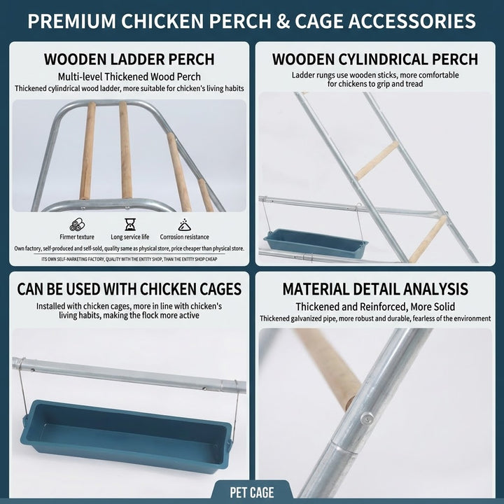 Ladder Chicken Perch with Feeding Troughs Multi Level Wood Metal Climbing Rack