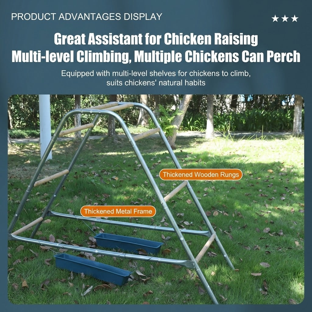 Ladder Chicken Perch with Feeding Troughs Multi Level Wood Metal Climbing Rack
