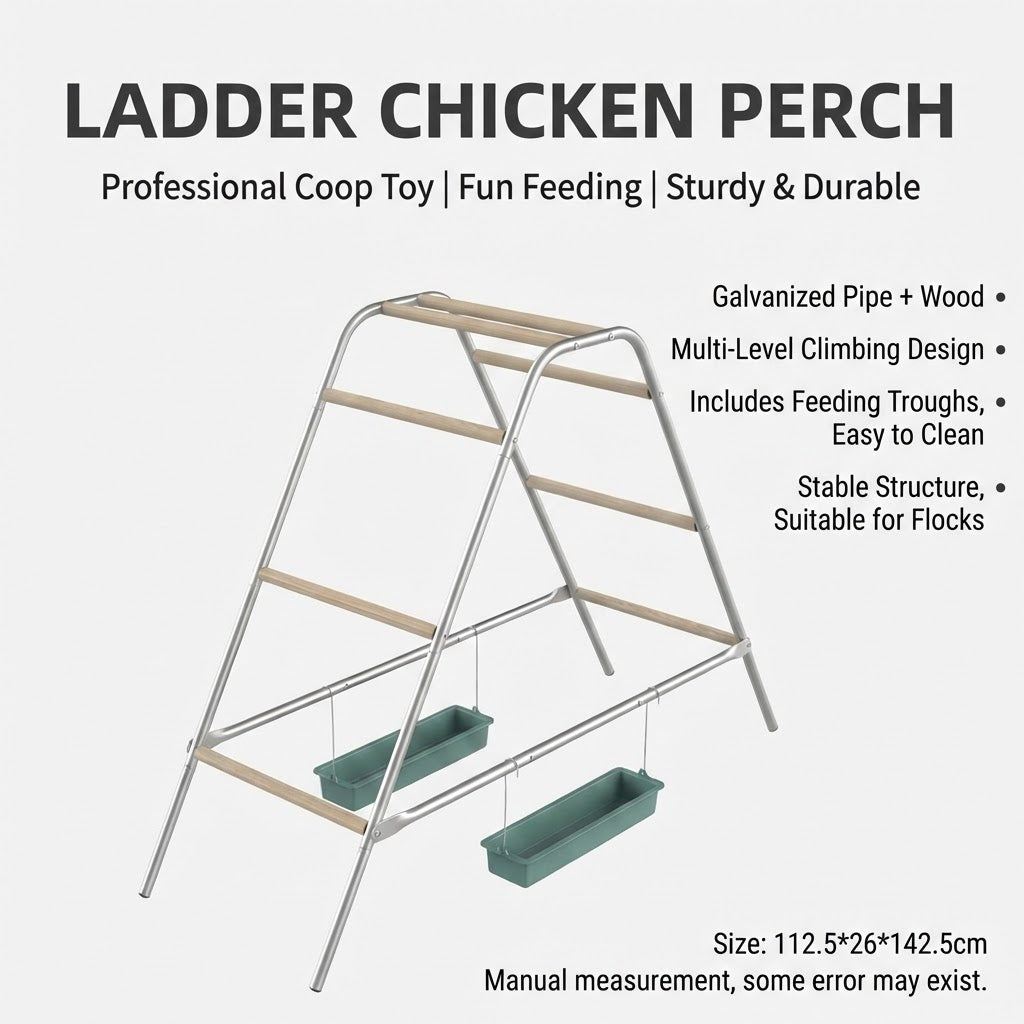 Ladder Chicken Perch with Feeding Troughs Multi Level Wood Metal Climbing Rack