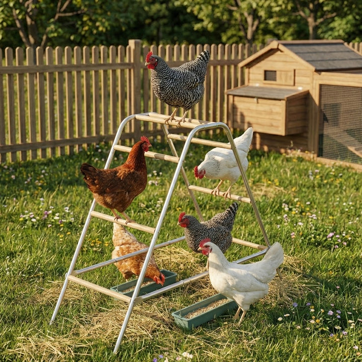 Ladder Chicken Perch with Feeding Troughs Multi Level Wood Metal Climbing Rack