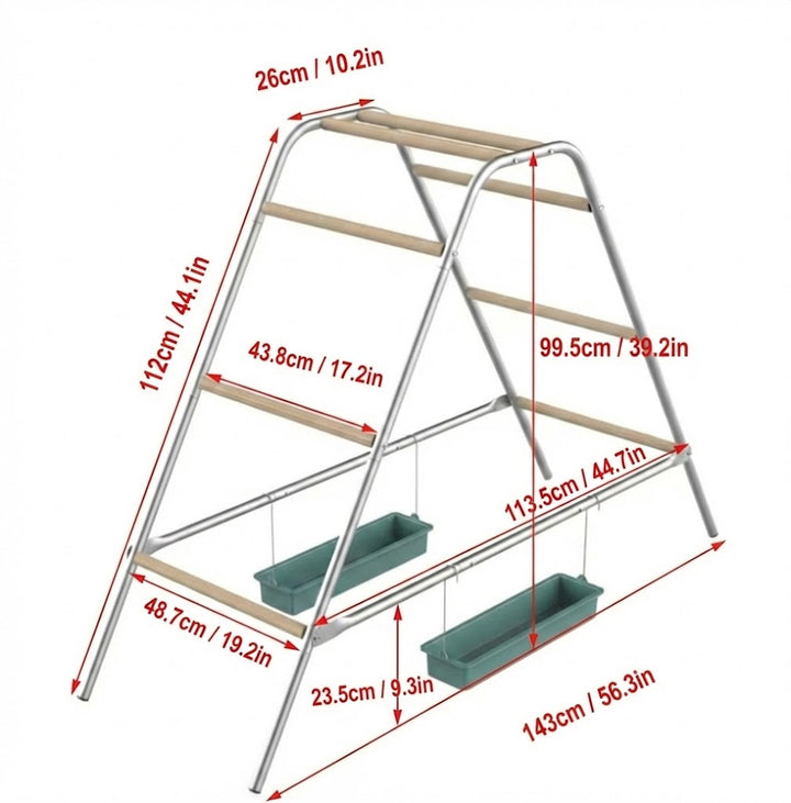 Ladder Chicken Perch with Feeding Troughs Multi Level Wood Metal Climbing Rack