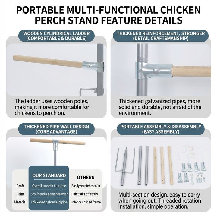 120cm Tall Chicken Perch Stand - Reinforced Metal Eucalyptus Wood Perch