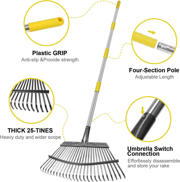 25 Tine Adjustable Garden Rake Leaf Rake