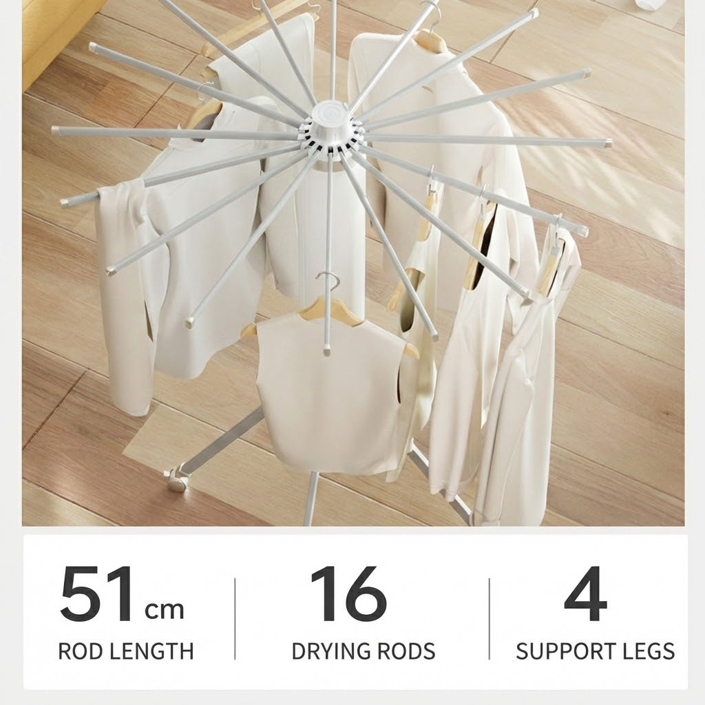 No-Install Foldable Rotating Clothes Drying Rack 16 Rods