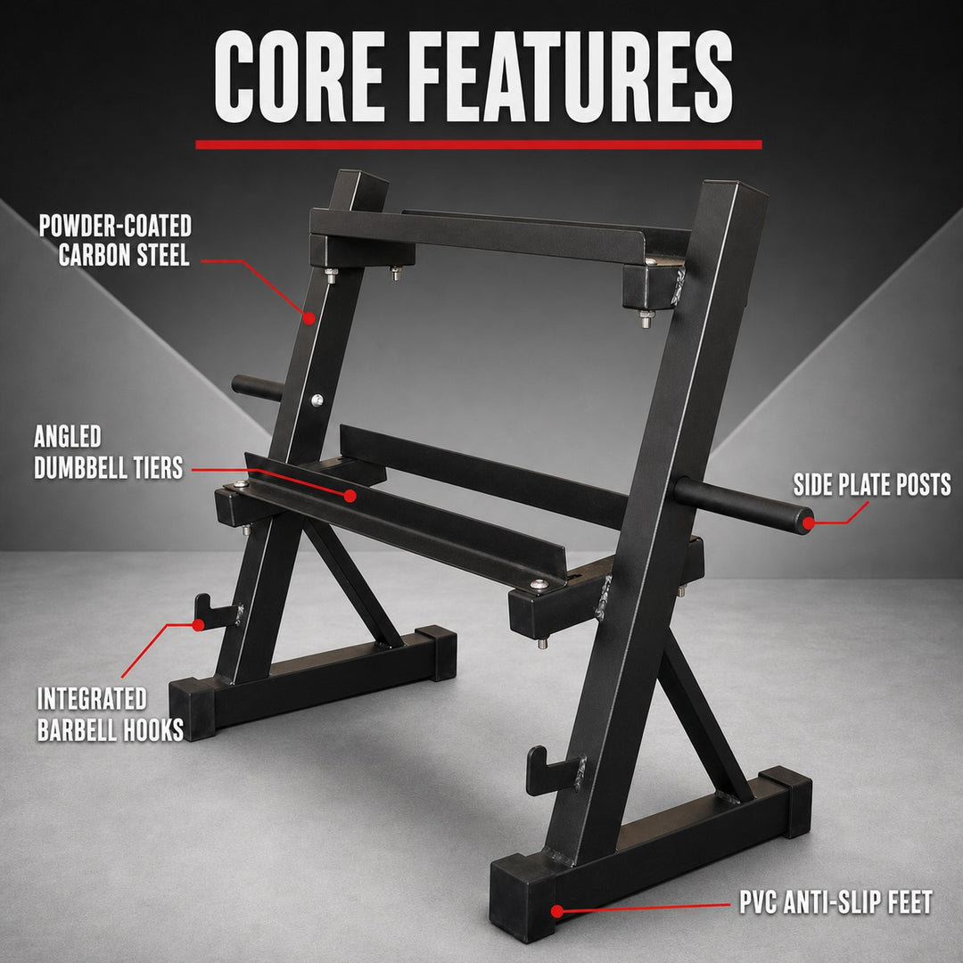 Multi-Function Dumbbell Kettlebell Weight Plate  Bar Storage Rack