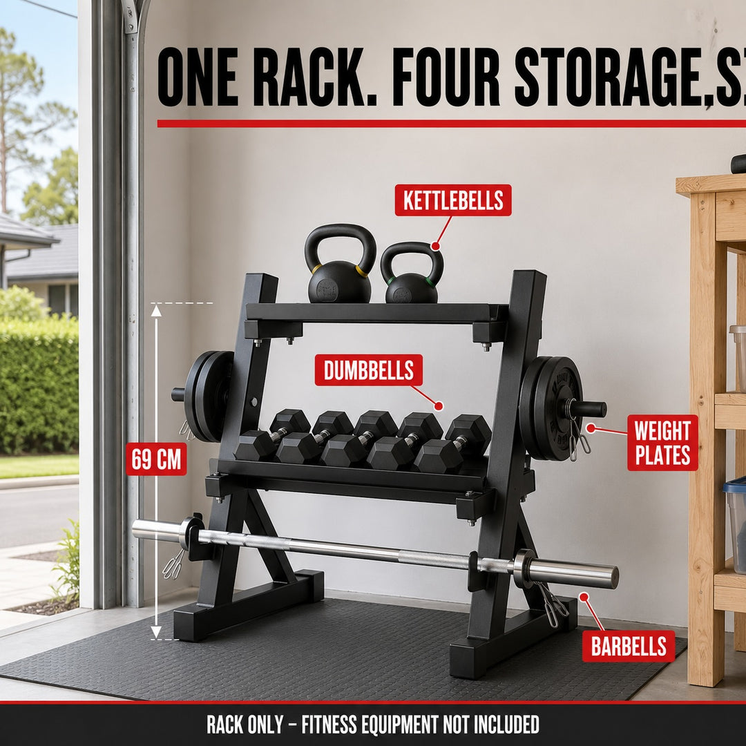 Multi-Function Dumbbell Kettlebell Weight Plate  Bar Storage Rack