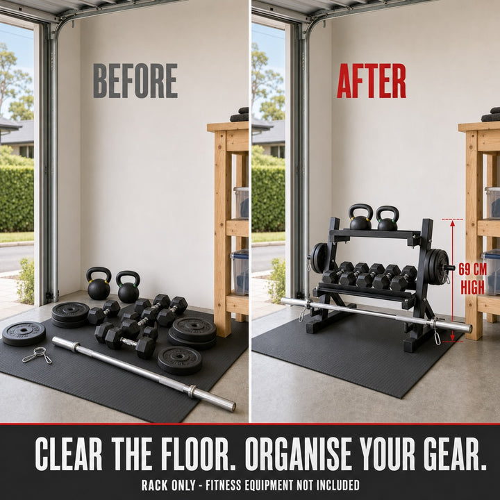 Multi-Function Dumbbell Kettlebell Weight Plate  Bar Storage Rack