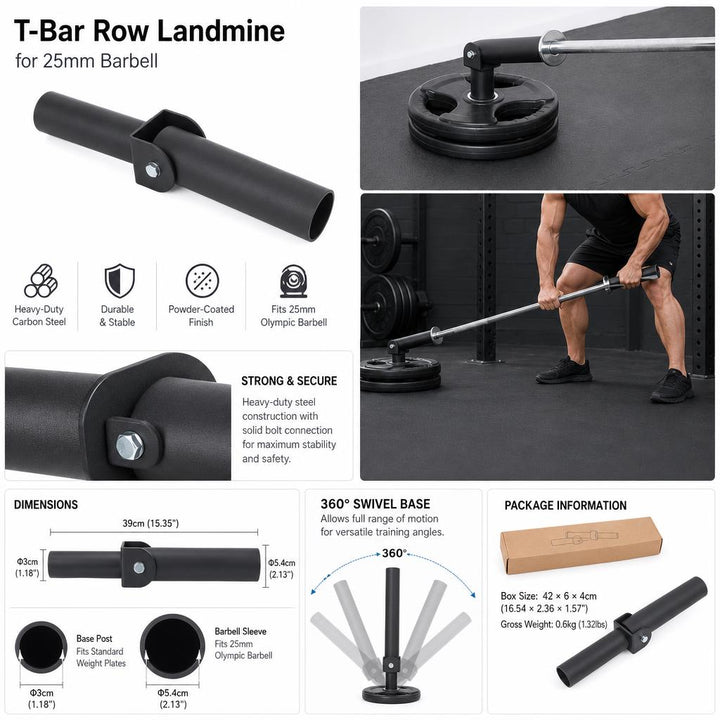 T-Bar Row Landmine Attachment for 25mm Barbell Sleeves - Black Steel