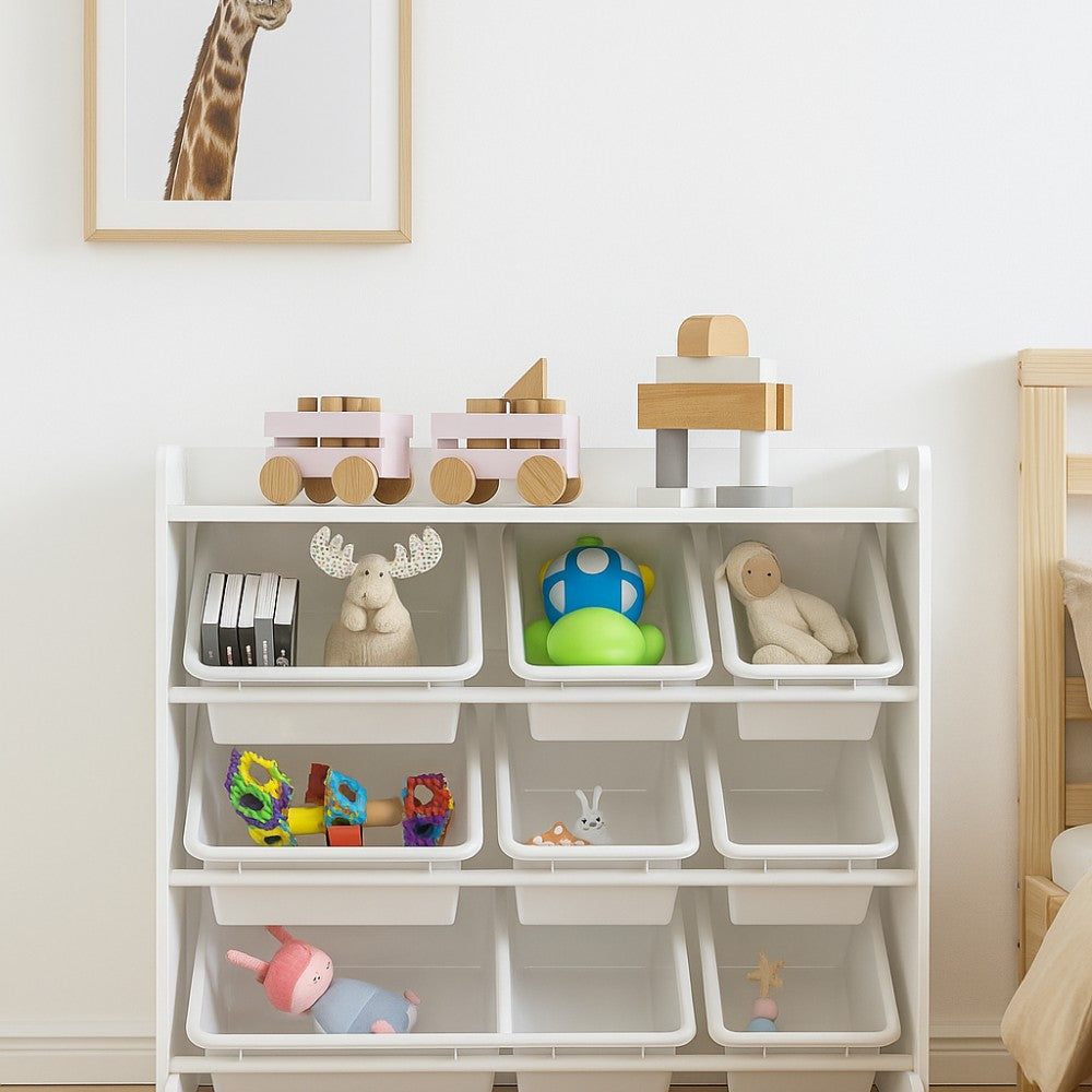Toy Storage Shelf with 9 Bins _ Wooden Organizer for Books, Toys