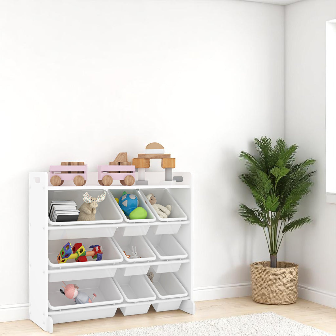Toy Storage Shelf with 9 Bins _ Wooden Organizer for Books, Toys