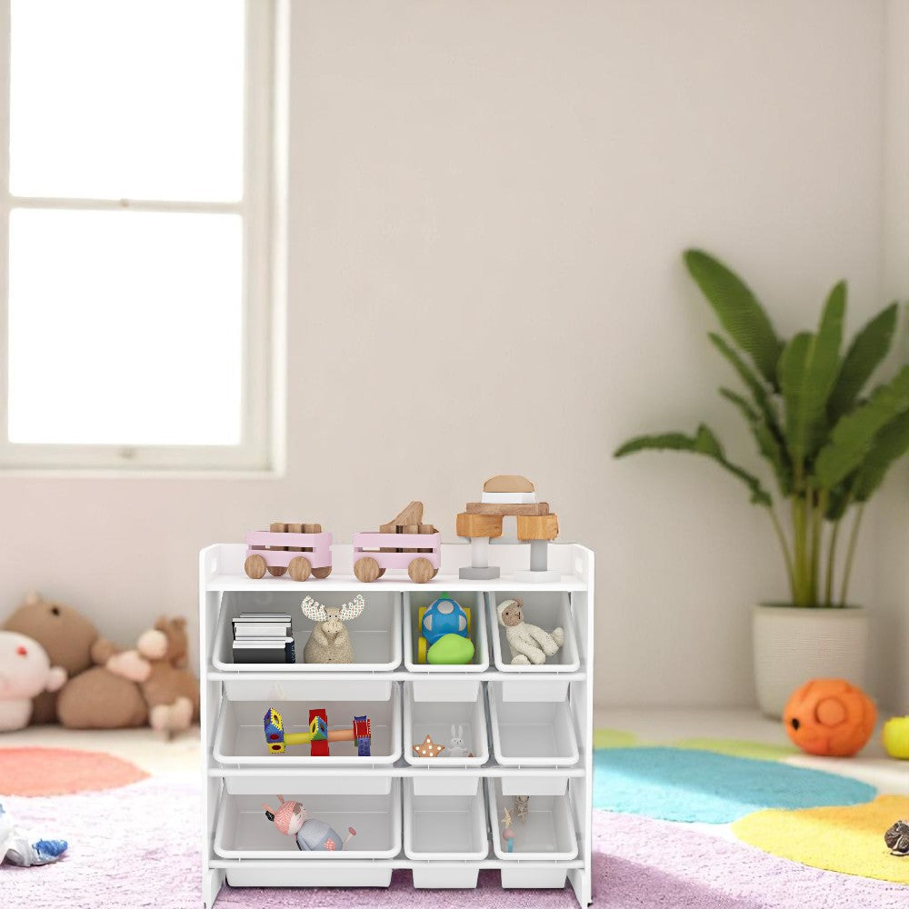 Toy Storage Shelf with 9 Bins _ Wooden Organizer for Books, Toys