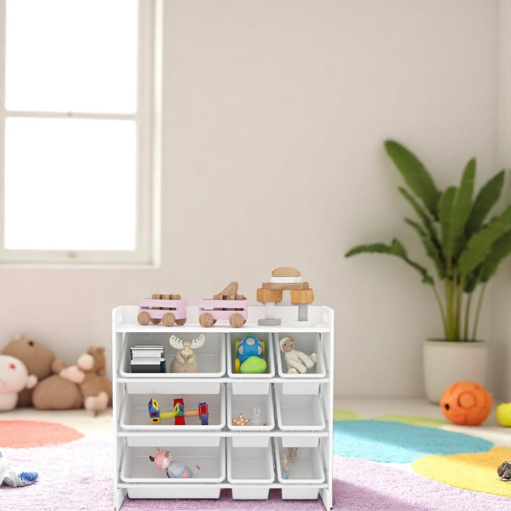 Toy Storage Shelf with 9 Bins _ Wooden Organizer for Books, Toys