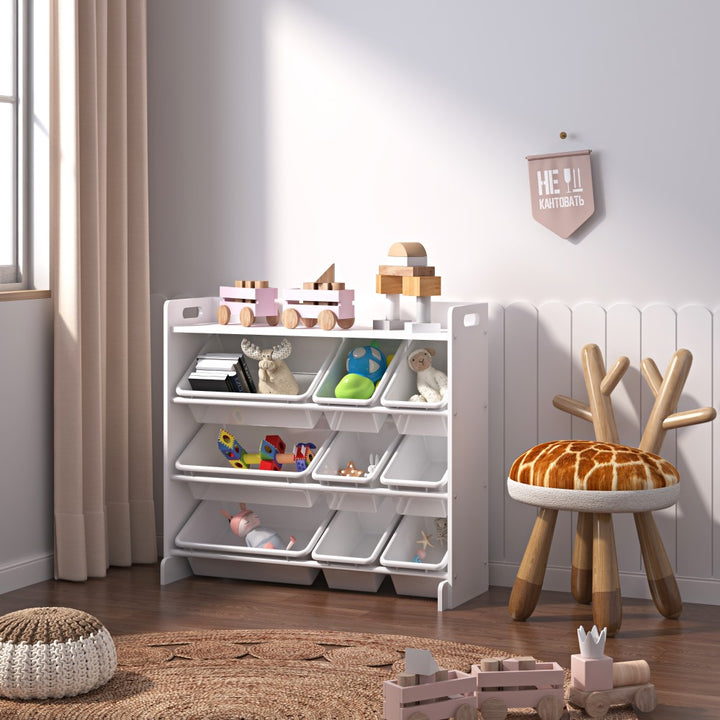 Toy Storage Shelf with 9 Bins _ Wooden Organizer for Books, Toys