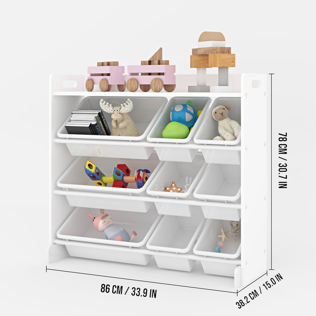 Toy Storage Shelf with 9 Bins _ Wooden Organizer for Books, Toys