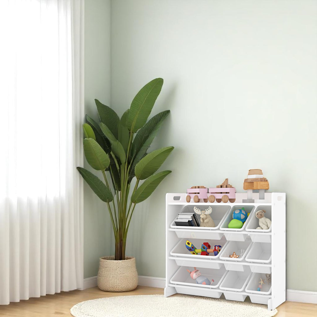 Toy Storage Shelf with 9 Bins _ Wooden Organizer for Books, Toys