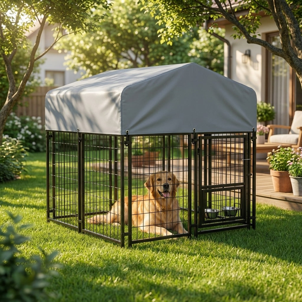 Heavy Duty Outdoor Dog Kennel with Weather Cover & Feeder Bowls - 130cm