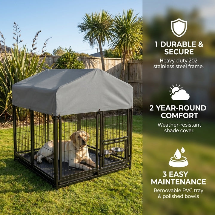 Heavy Duty Outdoor Dog Kennel with Weather Cover & Feeder Bowls - 130cm