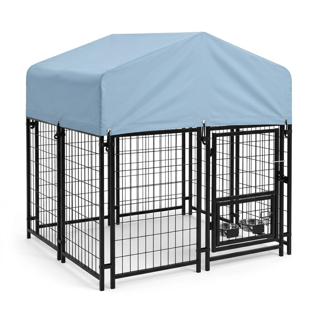 Heavy Duty Outdoor Dog Kennel with Weather Cover & Feeder Bowls - 130cm