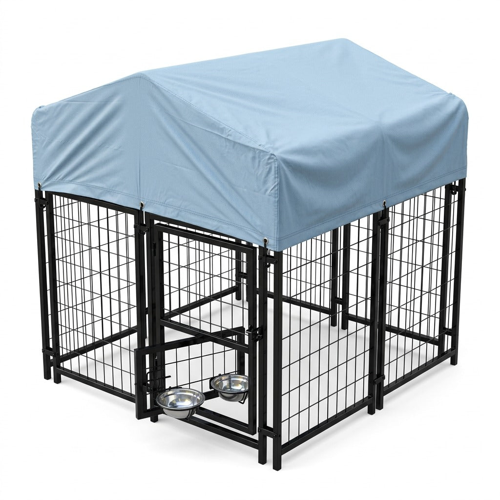Heavy Duty Outdoor Dog Kennel with Weather Cover & Feeder Bowls - 130cm