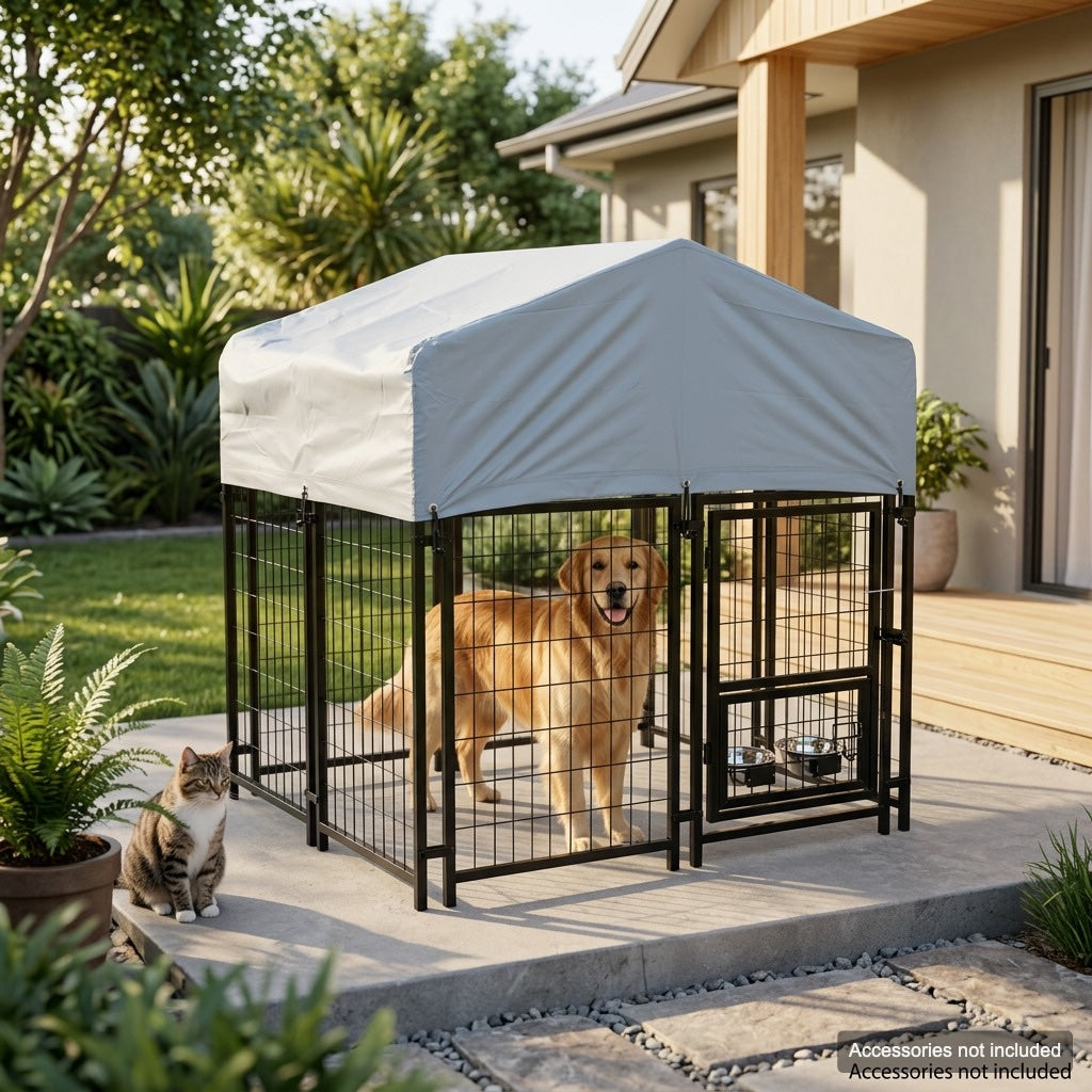 Heavy Duty Outdoor Dog Kennel with Weather Cover & Feeder Bowls - 130cm