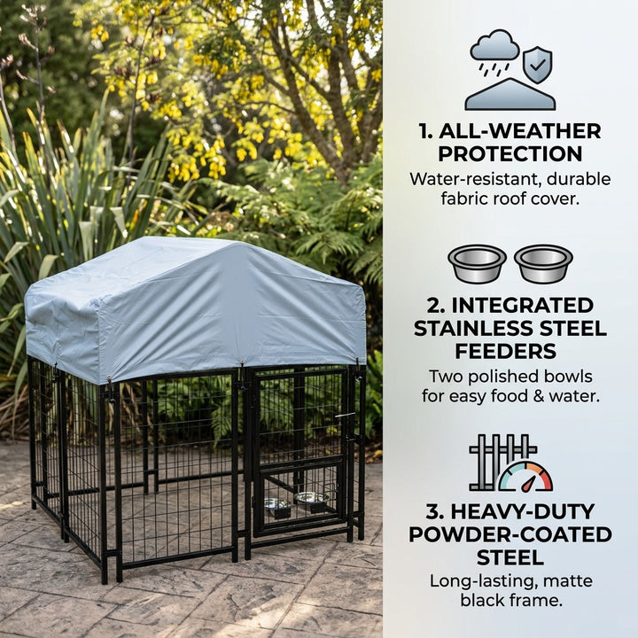 Heavy Duty Outdoor Dog Kennel with Weather Cover & Feeder Bowls - 130cm