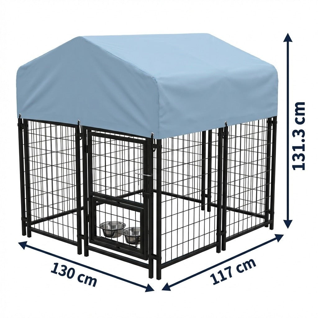 Heavy Duty Outdoor Dog Kennel with Weather Cover & Feeder Bowls - 130cm