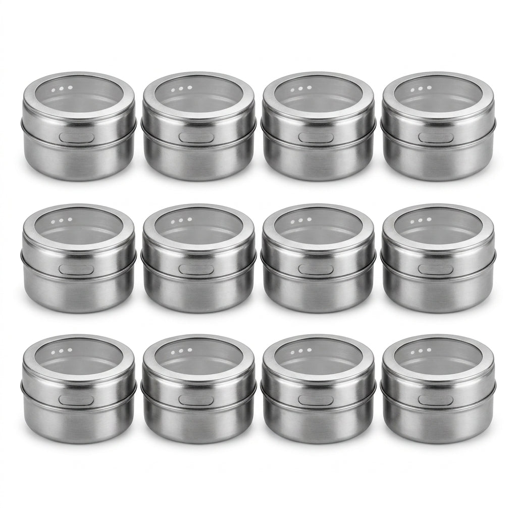 12-Piece Magnetic Stainless Steel Spice Tin Set - Clear Lid Storage Containers